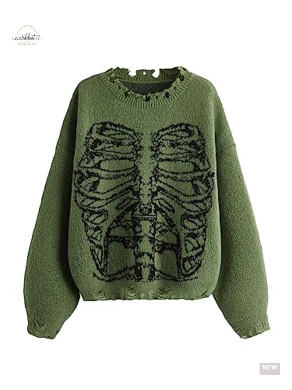 Oversized Skeleton Pattern Ripped Pullover Sweater Long Sleeve Round Neck